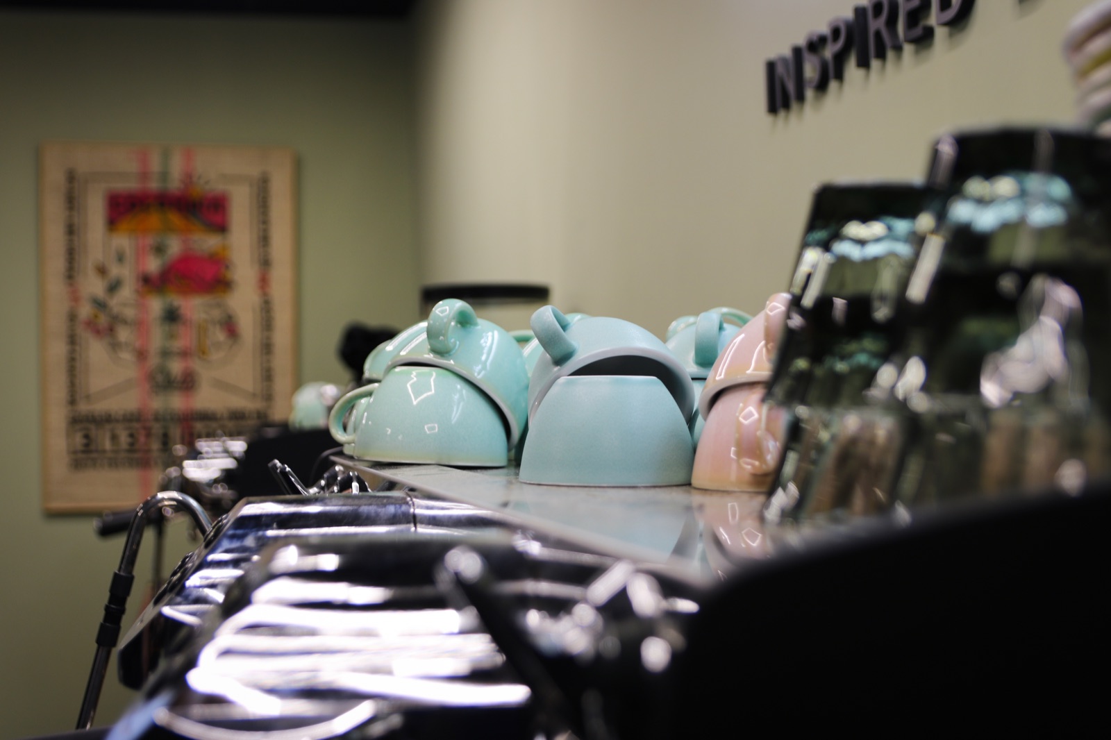 Cups and coffee equipment on the cafe counter