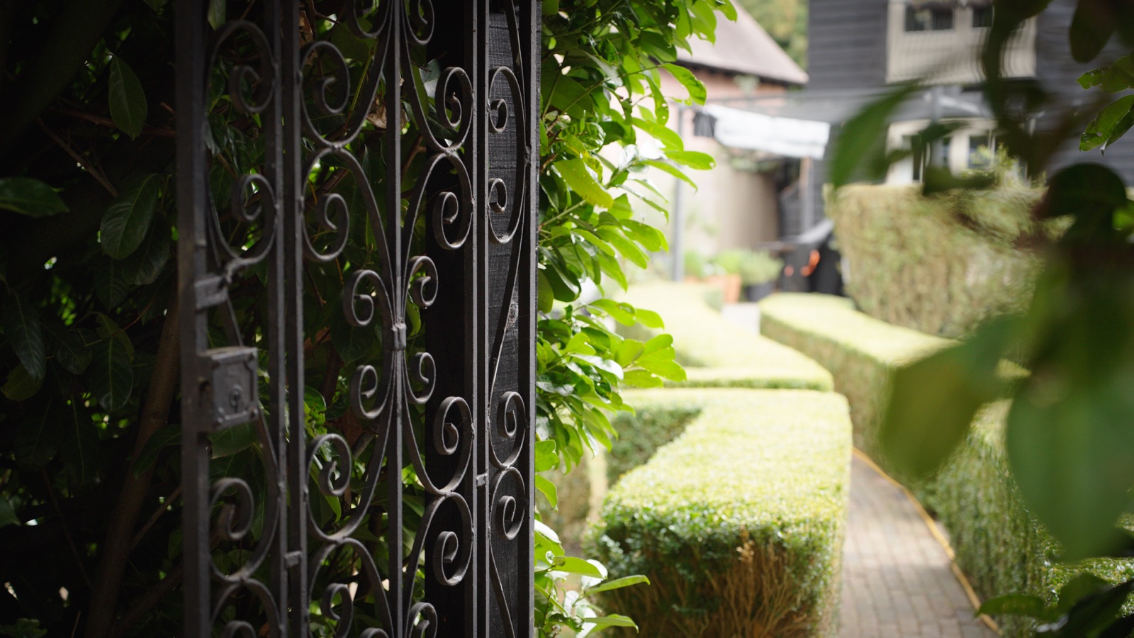 Wrought iron garden gate leading to the studio